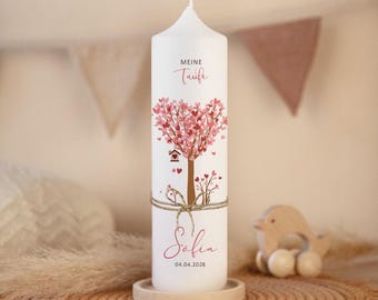 Taufkerze Baum Herzen mit Juteband für Mädchen + Jungen