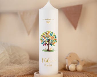 Baptismal candle tree of life colorful leaves