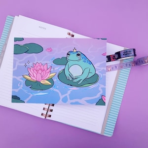Słodka kawaii żaba lilia stawowa ilustracja scena, pocztówka A5 wydruk