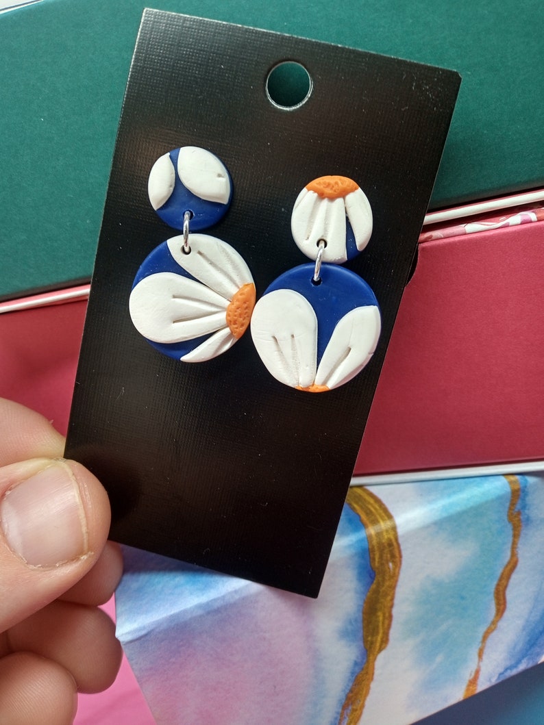 Daisy circle dangle earrings |925 Sterling Silver Polymer clay earrings Floral statement earrings Handmade in UK DAISY collection
