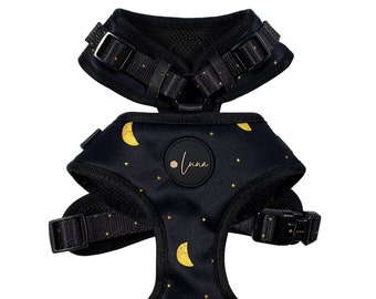 Adjustable dog harness "The Lunar One", celestial harness, moon and stars harness, black and gold harness, puppy harness, luna harness