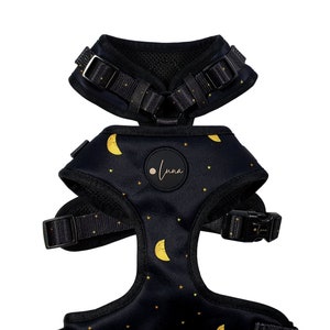 Adjustable dog harness &quot;The Lunar One&quot;, celestial harness, moon and stars harness, black and gold harness, puppy harness, luna harness