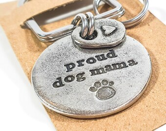 Solid Pewter Dog Mum Keyring "Proud Dog Mama" Keychain Gift for Dog Mums, Dog Lovers, Dog Owners, Dog Moms