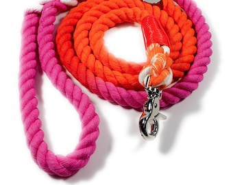 Pink + Orange Ombre Cotton Rope Dog Lead, 150cm Hand Died Rope Lead, Natural Rope Dog Leash, Marble Tie Dye Rope Lead