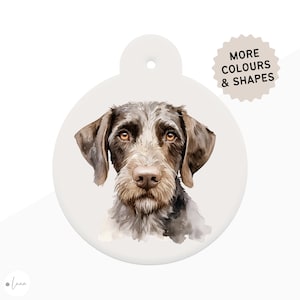 German Wirehaired Pointer Dog ID Tag watercolour style with 3 breed colour options in 6 shapes personalised wirehaired pointer pet id tag
