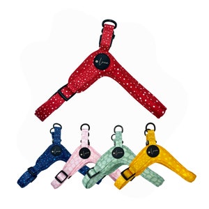 Step-in dog harness &quot;Dotty for You&quot; Red, Blue, Green, Pink & Yellow • Christmas spotty dog harness XXS to XXL • Adjustable step-in harness