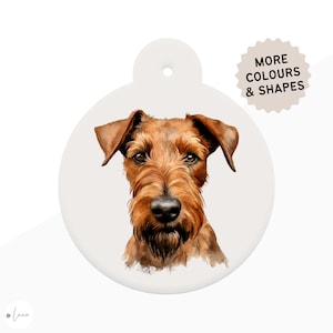 Irish Terrier Dog ID Tag watercolour style with 2 breed colour options in 6 shapes personalised Irish Terrier pet id tag