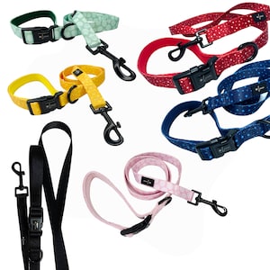 Può includere: Assortimento di collari e guinzagli per cani di vari colori con diversi motivi, tra cui pois, forme geometriche e disegni floreali. I guinzagli sono realizzati in nylon resistente e sono dotati di un moschettone in metallo robusto.