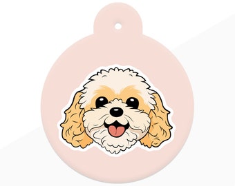 Dog ID Tag for Cavapoo cartoon style with 21 breed colour options in 5 shapes personalised pet id tag