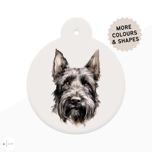 Scottish Terrier Dog ID Tag watercolour style with 5 breed colour options in 6 shapes personalised Scottish Terrier pet id tag