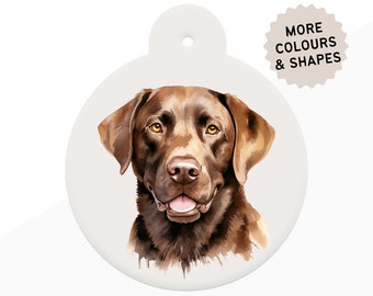 Labrador Dog ID Tag watercolour style with 4 breed colour options in 6 shapes personalised Labrador pet id tag