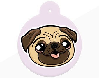 Dog ID Tag for Pug cartoon style with 6 breed colour options in 5 shapes personalised pet id tag