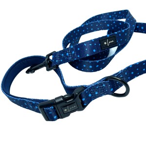 May include: A blue and white polka dot dog collar and leash set with black hardware and the word "Luna" printed on the buckle.
