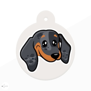 Dog ID Tag for Dachshund cartoon style with 5 breed colour options in 5 shapes personalised pet id tag