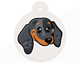 Dog ID Tag for Dachshund cartoon style with 5 breed colour options in 5 shapes personalised pet id tag