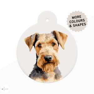 Airedale Terrier Dog ID Tag watercolour style with 6 breed colour options in 6 shapes personalised Airedale Terrier pet id tag