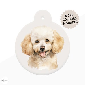 Poodle Dog ID Tag watercolour style with 6 breed colour options in 6 shapes personalised Poodle pet id tag