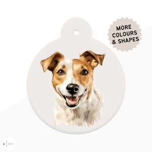 Jack Russell Terrier Dog ID Tag watercolour style with 4 breed colour options in 6 shapes personalised Jack Russell Terrier pet id tag