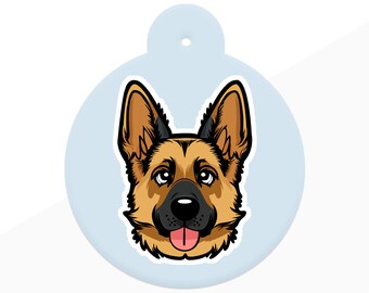 Dog ID Tag for German Shepherd cartoon style with 9 breed colour options in 5 shapes personalised pet id tag