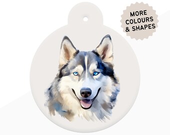 Husky Dog ID Tag watercolour style with 6 breed colour options in 6 shapes personalised Husky pet id tag