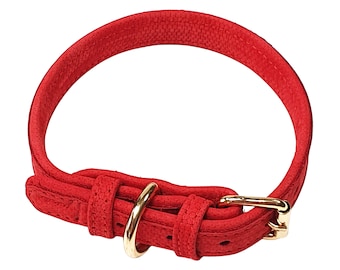 Red luxury soft leather dog collar, hand made genuine leather designer puppy collar