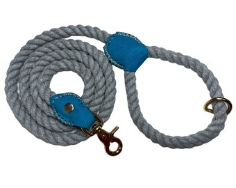 Guinzaglio per cani in pelle di lusso blu e grigio e corda di cotone, guinzaglio in corda tinta a mano da 140 cm, guinzaglio per cani in vera pelle e corda naturale