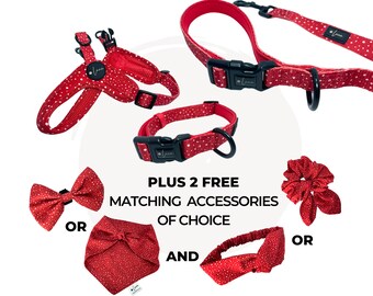 Dog harness, collar and lead set with 2 FREE matching accessories Dotty for You - Red step in adjustable harness set XXS to XXXL