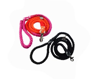 Cotton Rope Dog Lead, 150cm Hand Died Rope Lead in Black and Pink & Orange Ombre, Natural Rope Dog Leash, Marble Tie Dye Rope Lead