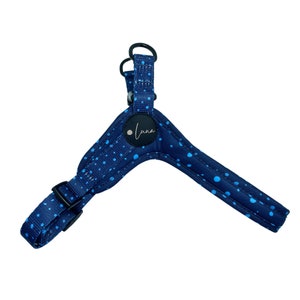 Peut inclure: Un harnais pour chien bleu avec des pois blancs et une boucle noire. Le harnais a une étiquette de nom qui dit "Luna" en écriture blanche.