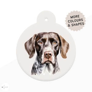 Médaille d'identification pour chien pointeur à poil court allemand style Aquarelle avec 4 options de couleur de race en 6 formes Médaille d'identification personnalisée pour animal de compagnie pointeur à poil court