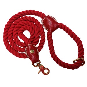 Red luxury leather and cotton rope dog lead, 140cm hand died rope lead, genuine leather and natural rope dog leash