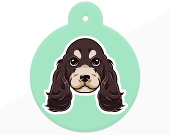 Dog ID Tag for Cocker Spaniel cartoon style with 20 breed colour options in 5 shapes personalised pet id tag
