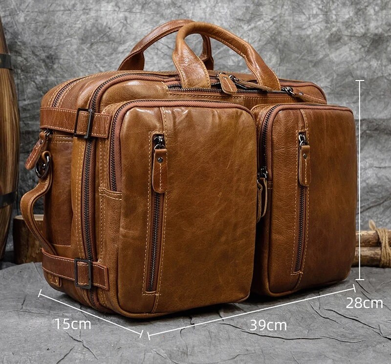 Genuine Leather Men Briefcase Backpack Knapsack Laptop Bag Etsy