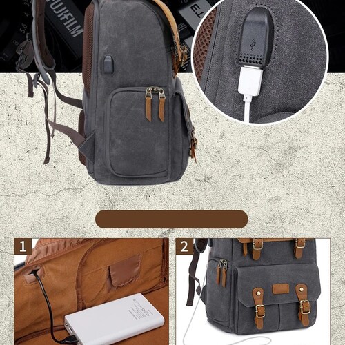 Canvas Leather Backpack Photography Multi-function Retro Camera Bag Waterproof Camera Backpack Travel Camera Backpack Canon Nikon shops DSLR Bag