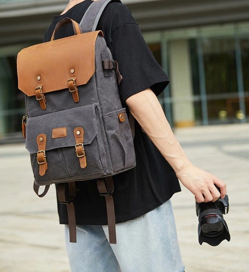 Canvas Leather Backpack Photography Multi-function Retro Camera Bag Waterproof Camera Backpack Travel Camera Backpack Canon Nikon shops DSLR Bag