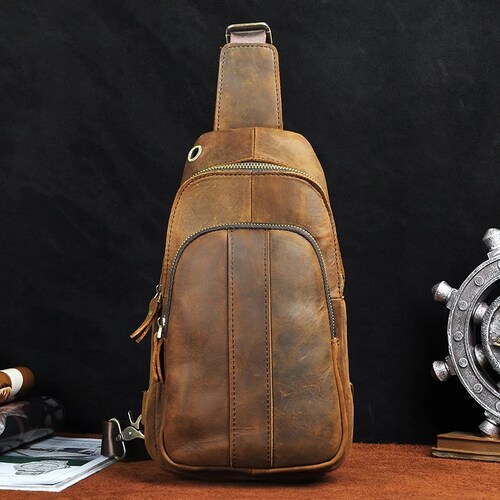 New Men Crazy Horse Leather bag Casual Fashion Triangle Chest Sling Travel buying Design One Shoulder Bag Cross body Bag Male Messenger Rucksack