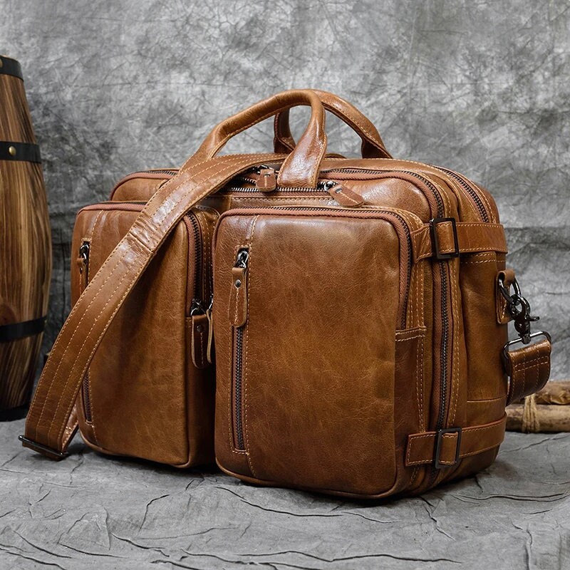 Genuine Leather Men Briefcase Backpack Knapsack Laptop Bag Etsy