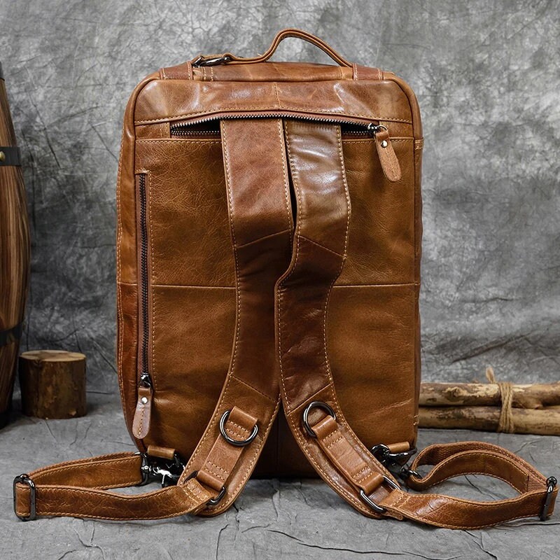 Genuine Leather Men Briefcase Backpack Knapsack Laptop Bag Etsy