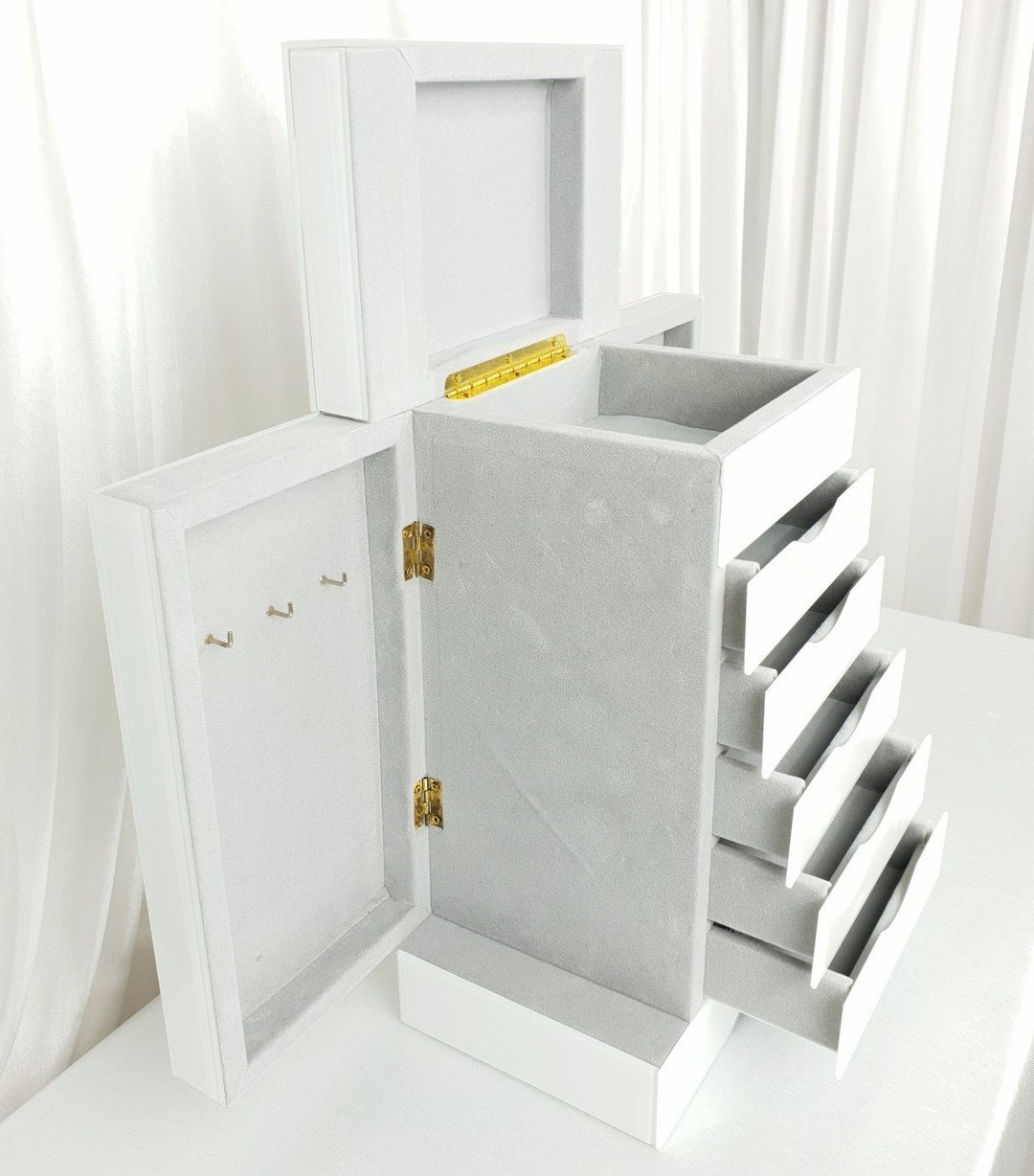Jewellery Box 5 Drawers & Side Doors White Glass Mirrored Etsy UK