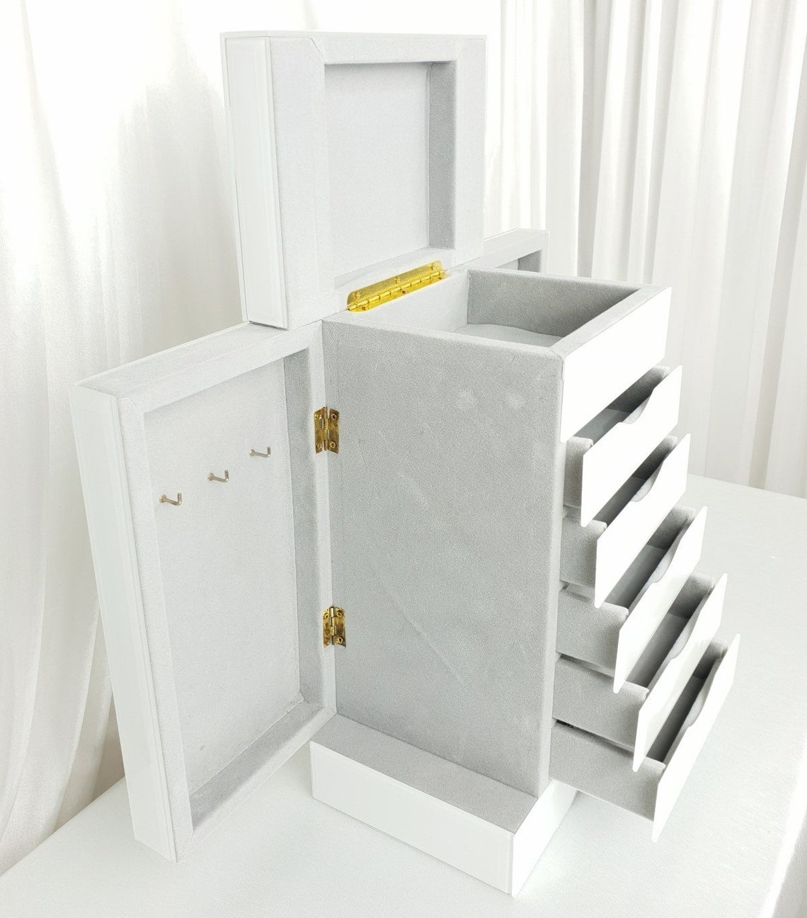 Jewellery Box 5 Drawers & Side Doors White Glass Mirrored Etsy UK