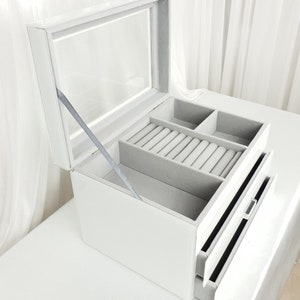 Jewellery Box 3 Drawers - White Glass Mirrored Glass Jewellery Box Gift Box