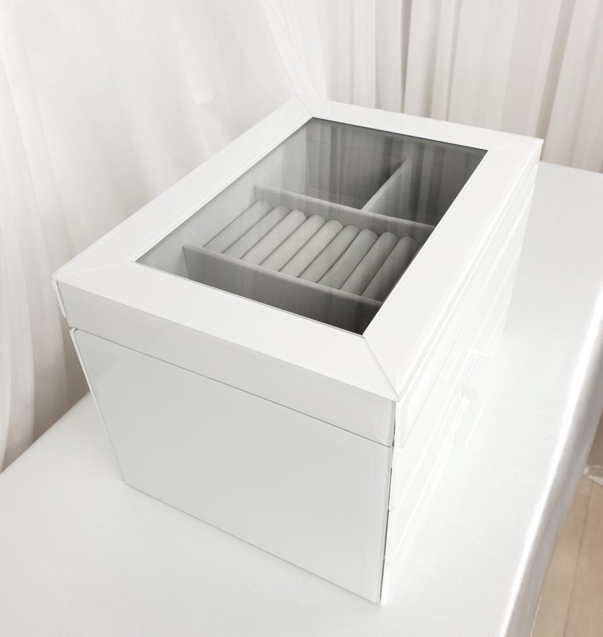 Jewellery Box 3 Drawers White Glass Mirrored Glass Jewellery Etsy UK