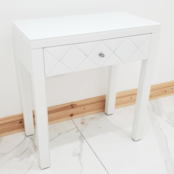 Dressing Table WHITE GLASS Entrance Hall Console Table Mirrored Vanity Space Saving Table Pro Grade Desk