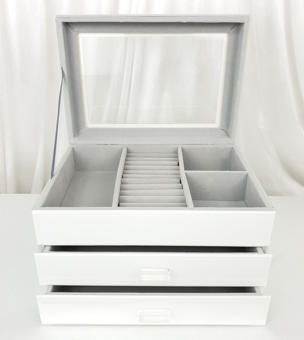 Jewellery Box 3 Drawers White Glass Mirrored Glass Jewellery Etsy UK