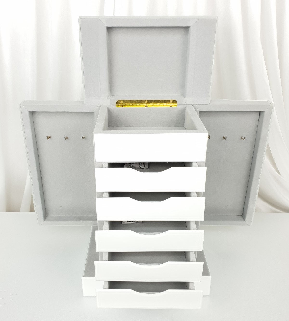 Jewellery Box 5 Drawers & Side Doors White Glass Mirrored Etsy UK