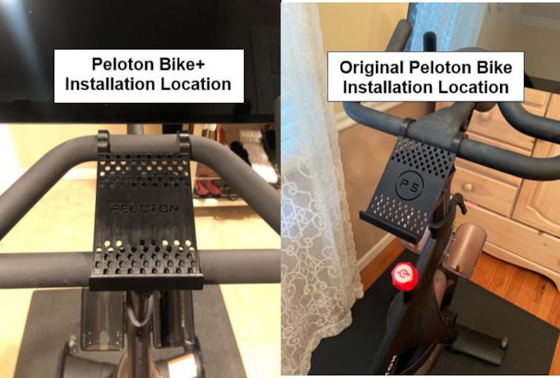 May include: A side-by-side comparison of the Peloton Bike+ and the original Peloton Bike. The image shows the installation location of a phone or tablet holder on the handlebars of each bike. The holder is black and has a grid pattern. The text "Peloton Bike+ Installation Location" is displayed above the Bike+ and "Original Peloton Bike Installation Location" is displayed above the original Peloton Bike.