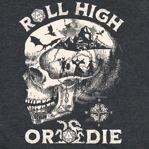 DND SHIRT, funny Dungeons Dragons shirt for d&d players or dm present for dungeon master: Skull Roll high or die, dnd lover gift