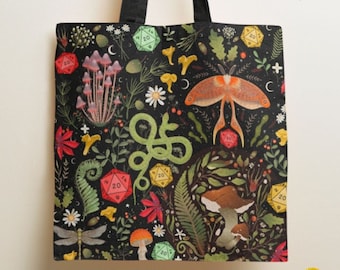 DND Tote bag, Tote bag for women, tote bag cottagecore, dnd druid tote, Druid dice, Forest dice, Bag of holding, Mushroom dice, Moth dice
