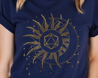 Sun and Moon DND Shirt: Golden Celestial Dice Tee, for circle of the moon druid, cleric