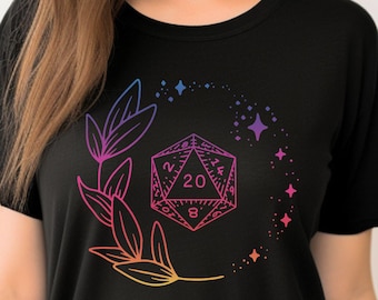 Rainbow D20 DND Shirt Women: Dungeons and Dragons Tee, cute geeky nerdy subtle d&d tshirt for female player ttrpg gamer dm wife gift for her
